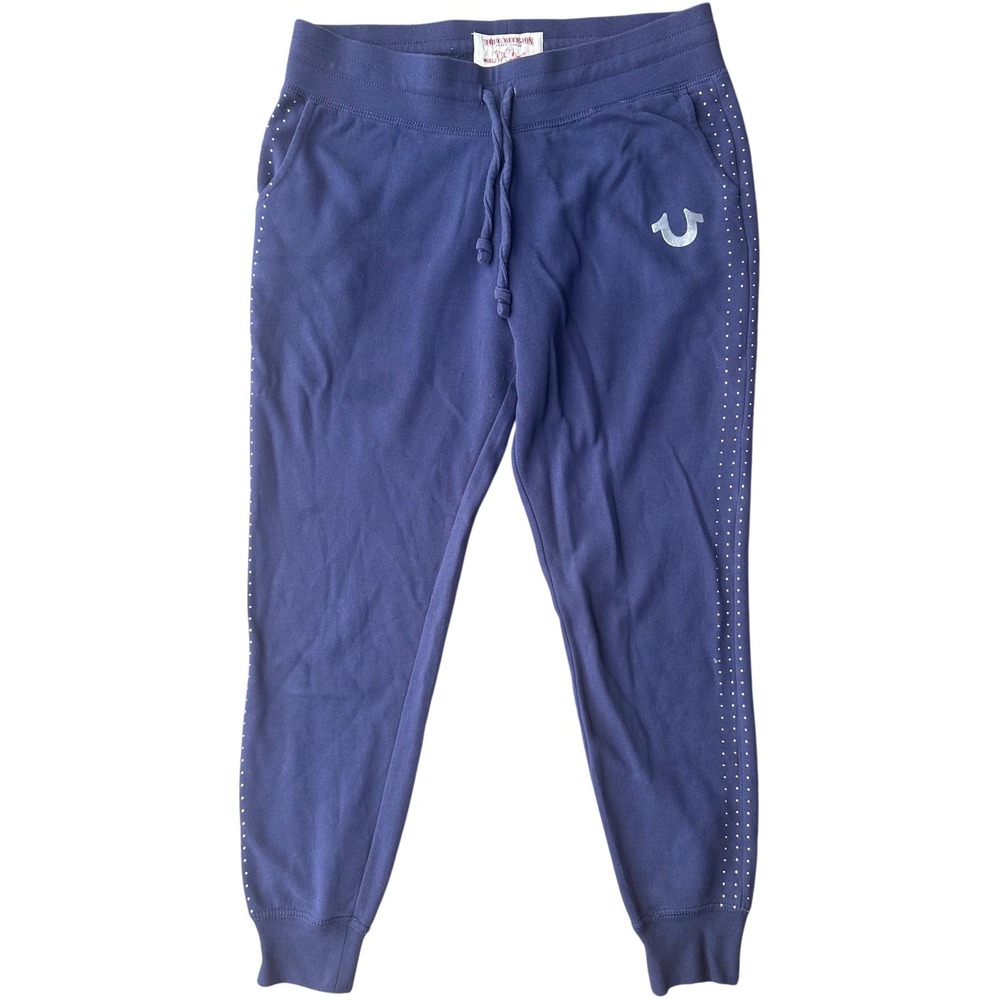 True Religion Womens Rhinestone Side Stripe Joggers Navy Blue Horseshoe Logo